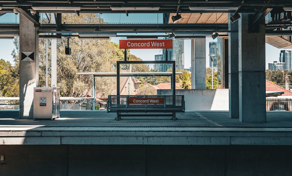 An outdoor view of Concord West station platform with a red and white sign displaying 'Concord West'. The platform has a bench with a metal frame and wooden slats, positioned centrally in the image. Behind the bench, there is a partial view of a short metal structure, possibly for shelter or signage. The platform is bordered by concrete edges and supported by concrete columns, with metal overhead beams and roofing providing shelter. To the left, a small electrical box and a trash receptacle are visible next to the platform’s edge. In the background, trees with green and brown foliage are visible, along with rooftops of nearby residential buildings and distant high-rise office or apartment towers under a clear blue sky. This setting captures the typical busy environment of a suburban train station, suitable for house removals involving furniture transport and packing during home relocation processes, with the presence of the station platform, signage, and urban surroundings supporting logistical travel and transit for moving services provided by Man with Van West Wickham.